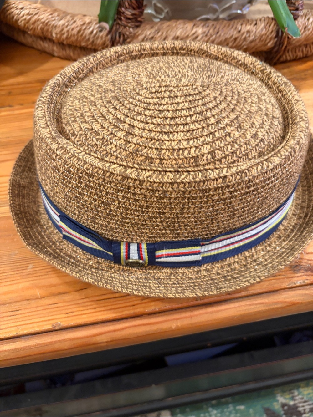 Epoch Woven Straw Pork Pie Hat with Striped Band